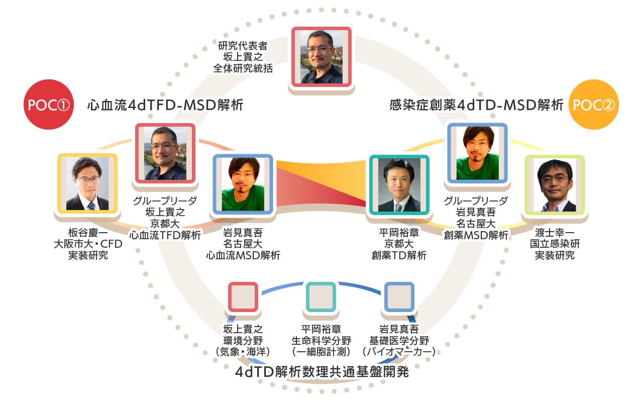 研究代表者　坂上貴之: 全体研究統括 / POC1（心血流4dTFD-MSD解析）: グループリーダ坂上貴之（京都大）心血流TFD解析・板谷慶一（大阪市大）CFD実装研究・岩見真吾（名古屋大）心血流MSD解析 / POC2（感染症創薬4dTD-MSD解析）: 平岡裕章（京都大）創薬TD解析 ・ 渡士幸一（国立感染研）実装研究 / 4dTD解析数理共通基盤開発 坂上貴之 環境分野（気象・海洋）・平岡裕章 生命科学分野（一細胞計測）・岩見真吾 基礎医学分野（バイオマーカー）