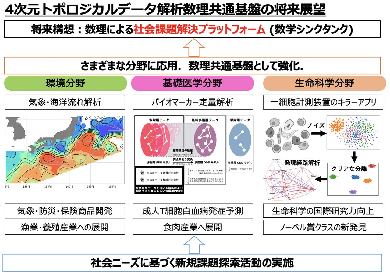 4次元トポロジカルデータ解析数理共通基盤の将来展望　社会ニーズに基づく新規課題探索活動の実施→さまざまな分野に応用．数理共通基盤として強化（環境分野: 気象・海洋流れ解析 / 基礎医学分野: バイオマーカー定量解析 / 生命科学分野: 一細胞計測装置のキラーアプリ）→【将来構想: 数理による社会課題解決プラットフォーム（数学シンクタンク）】